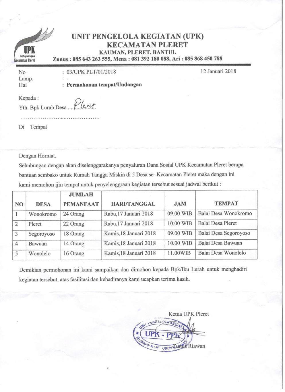 Permohonan Ijin Tempat UPK Kecamatan Pleret